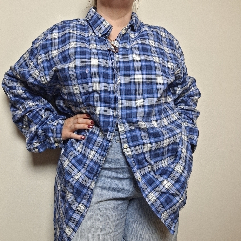 Izod Saltwater Relaxed Classics Blue and White Plaid Button Down Shirt Size XL